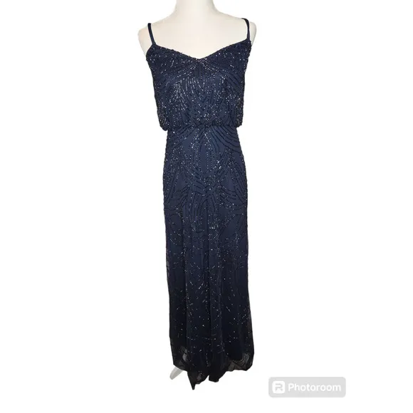 Adriana Papell Art deco Beaded Blouson Gown Navy Bridesmaid Size 6