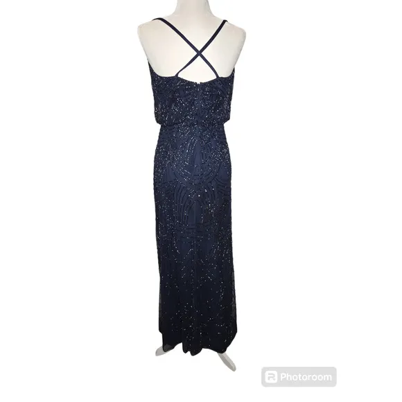Adriana Papell Art deco Beaded Blouson Gown Navy Bridesmaid Size 6