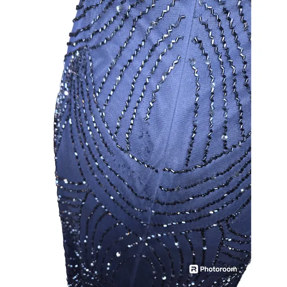 Adriana Papell Art deco Beaded Blouson Gown Navy Bridesmaid Size 6