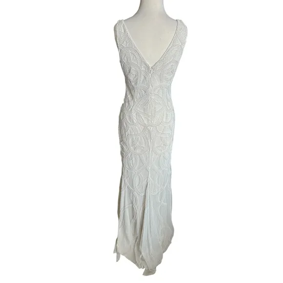 Adrianna Papell Ivory Pearl Beaded Plunging V-Neckline Vintage Style Maxi Dress