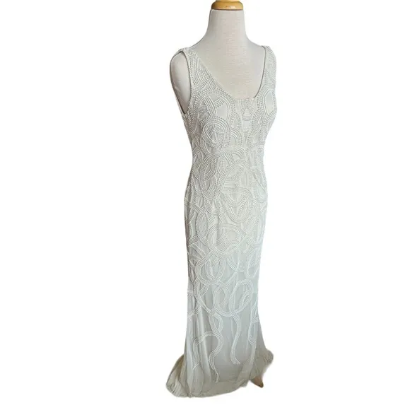 Adrianna Papell Ivory Pearl Beaded Plunging V-Neckline Vintage Style Maxi Dress