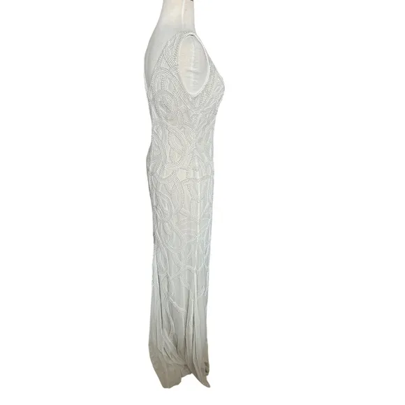 Adrianna Papell Ivory Pearl Beaded Plunging V-Neckline Vintage Style Maxi Dress