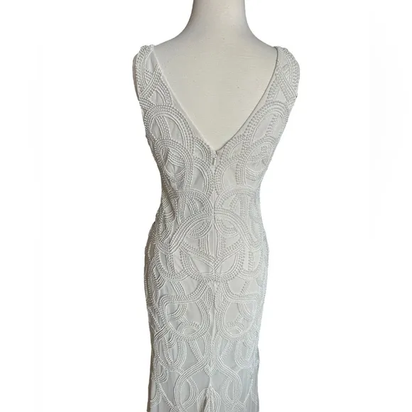 Adrianna Papell Ivory Pearl Beaded Plunging V-Neckline Vintage Style Maxi Dress
