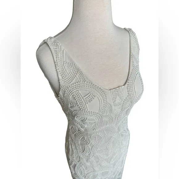 Adrianna Papell Ivory Pearl Beaded Plunging V-Neckline Vintage Style Maxi Dress