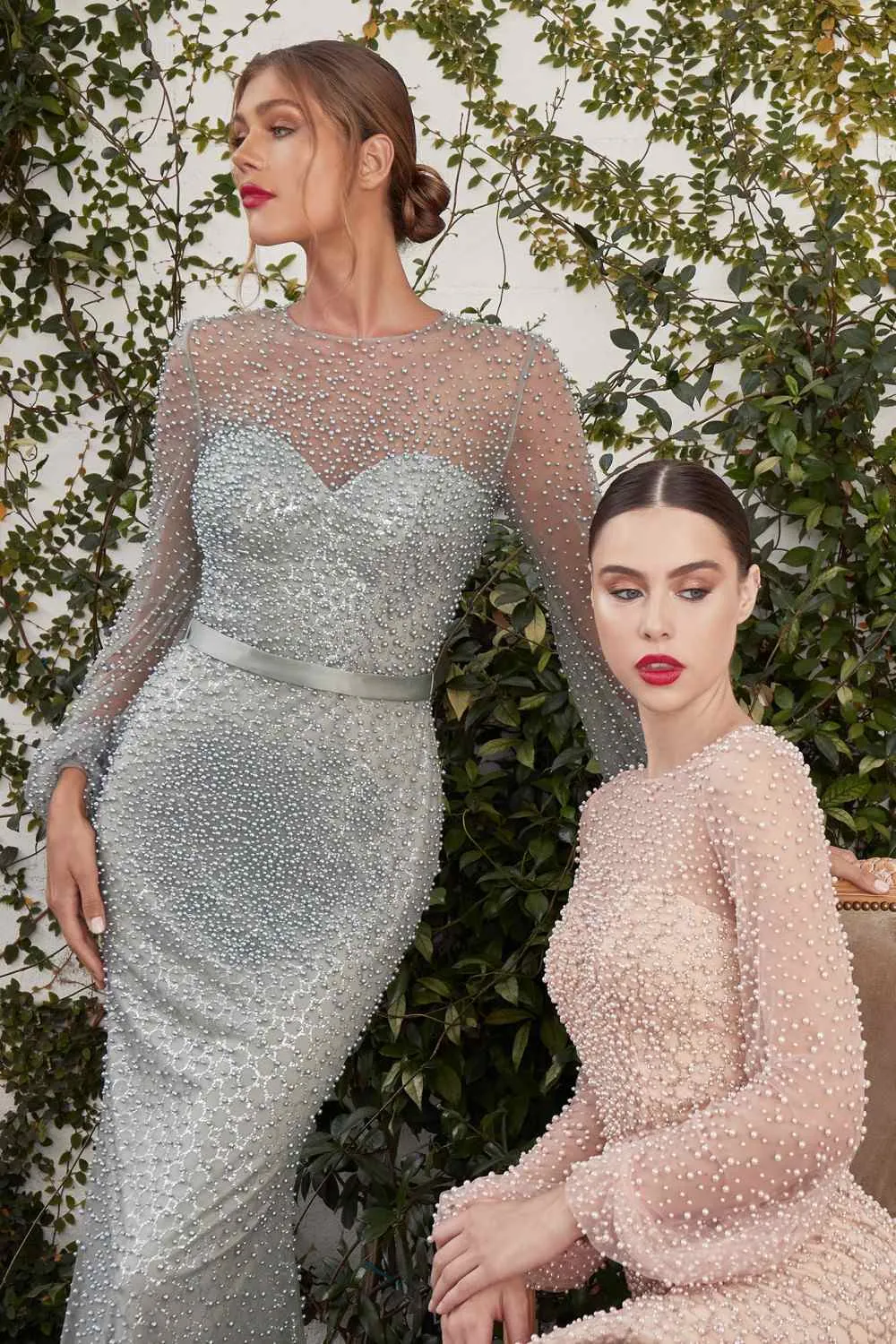 Andrea & Leo A0997 Pearl Beaded Long Sleeve Fit and Flare Long Dress
