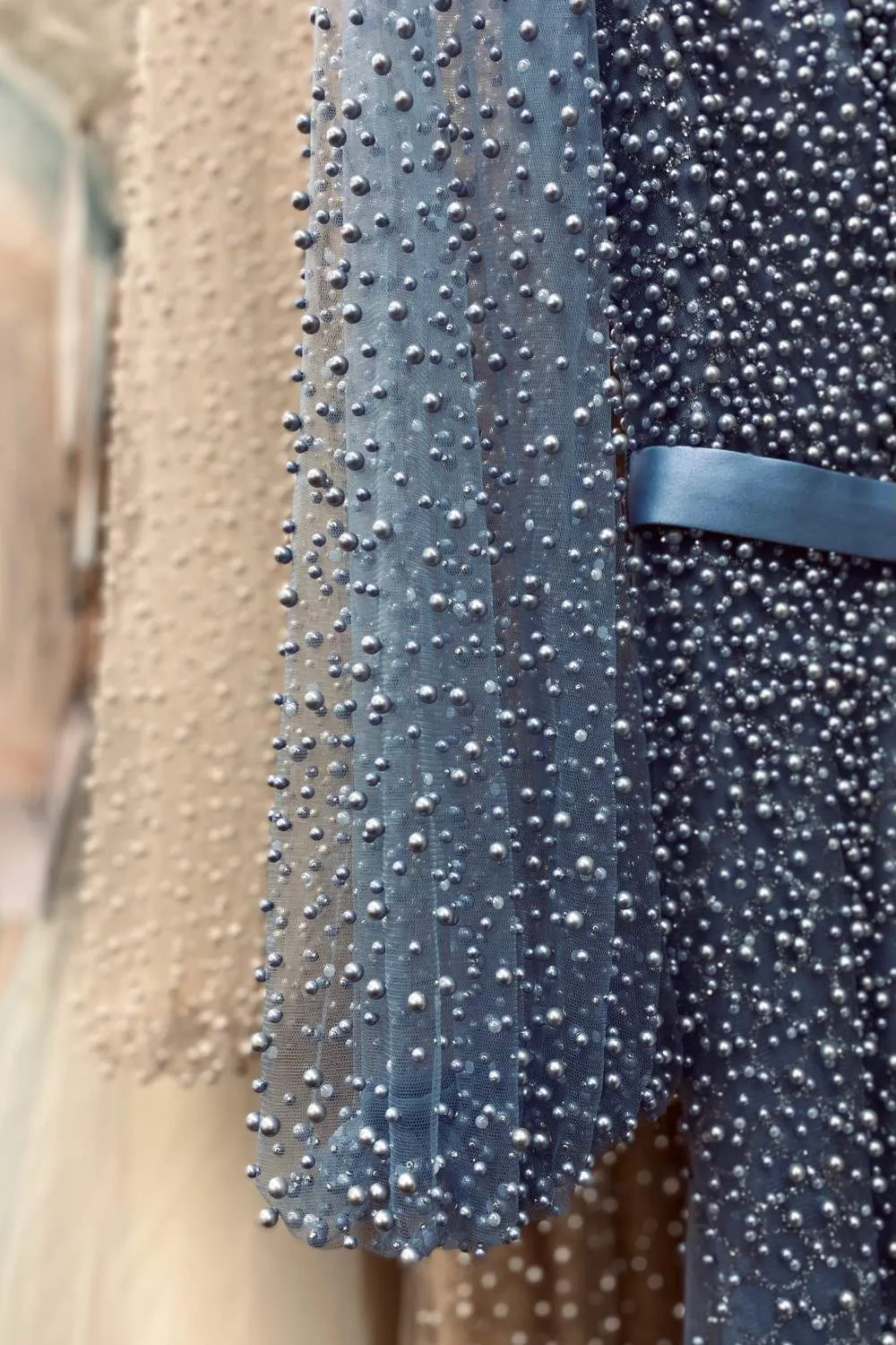 Andrea & Leo A0997 Pearl Beaded Long Sleeve Fit and Flare Long Dress