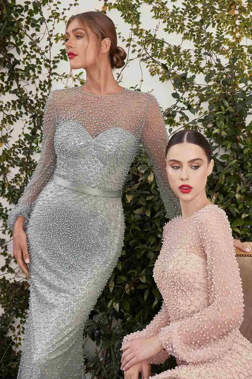 Andrea & Leo A0997W Pearl Beaded Long Sleeve Fit and Flare Long Dress