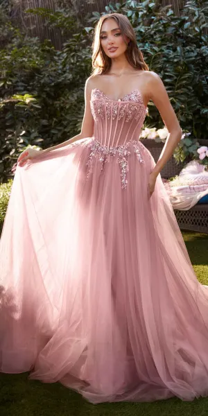 Andrea & Leo A1267 Long Strapless Tulle A-Line Corset Bodice Gown