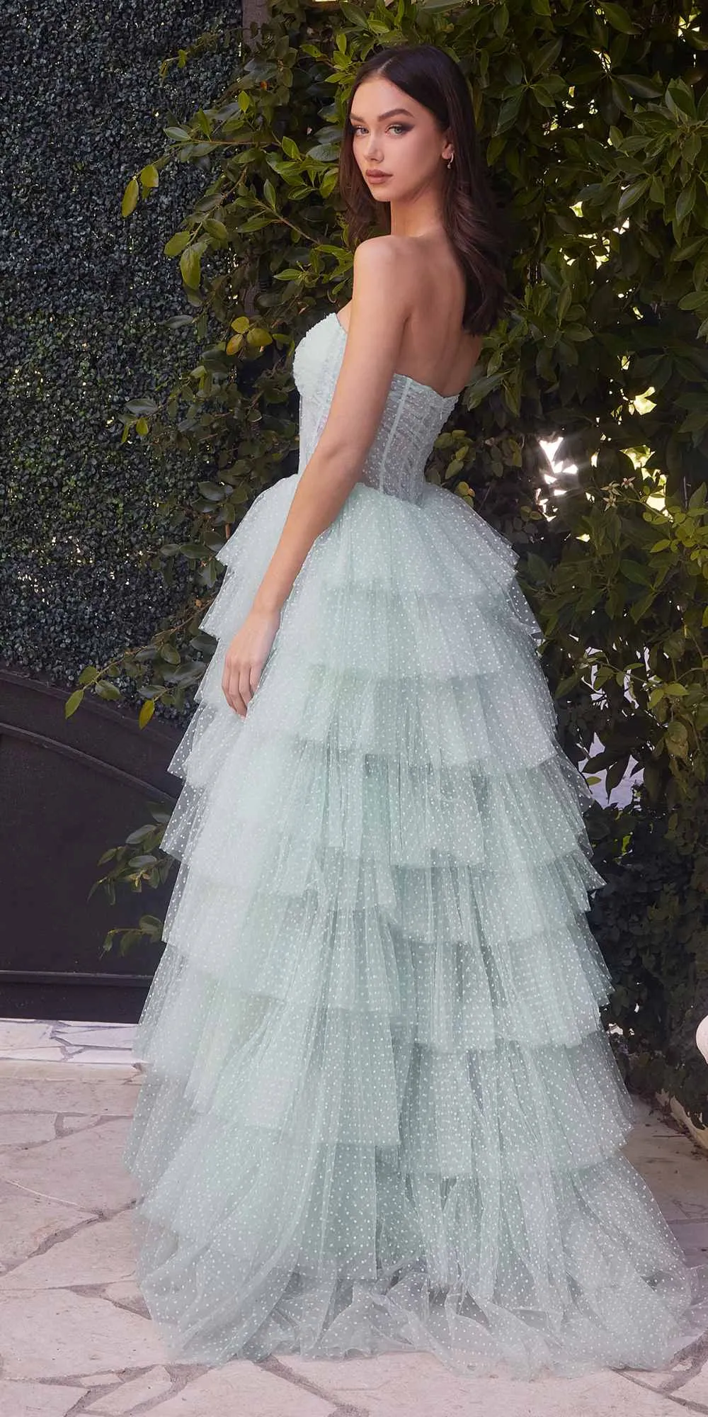 Andrea & Leo A1331 Long Polka Dot Tiered Layered Tulle Strapless Gown
