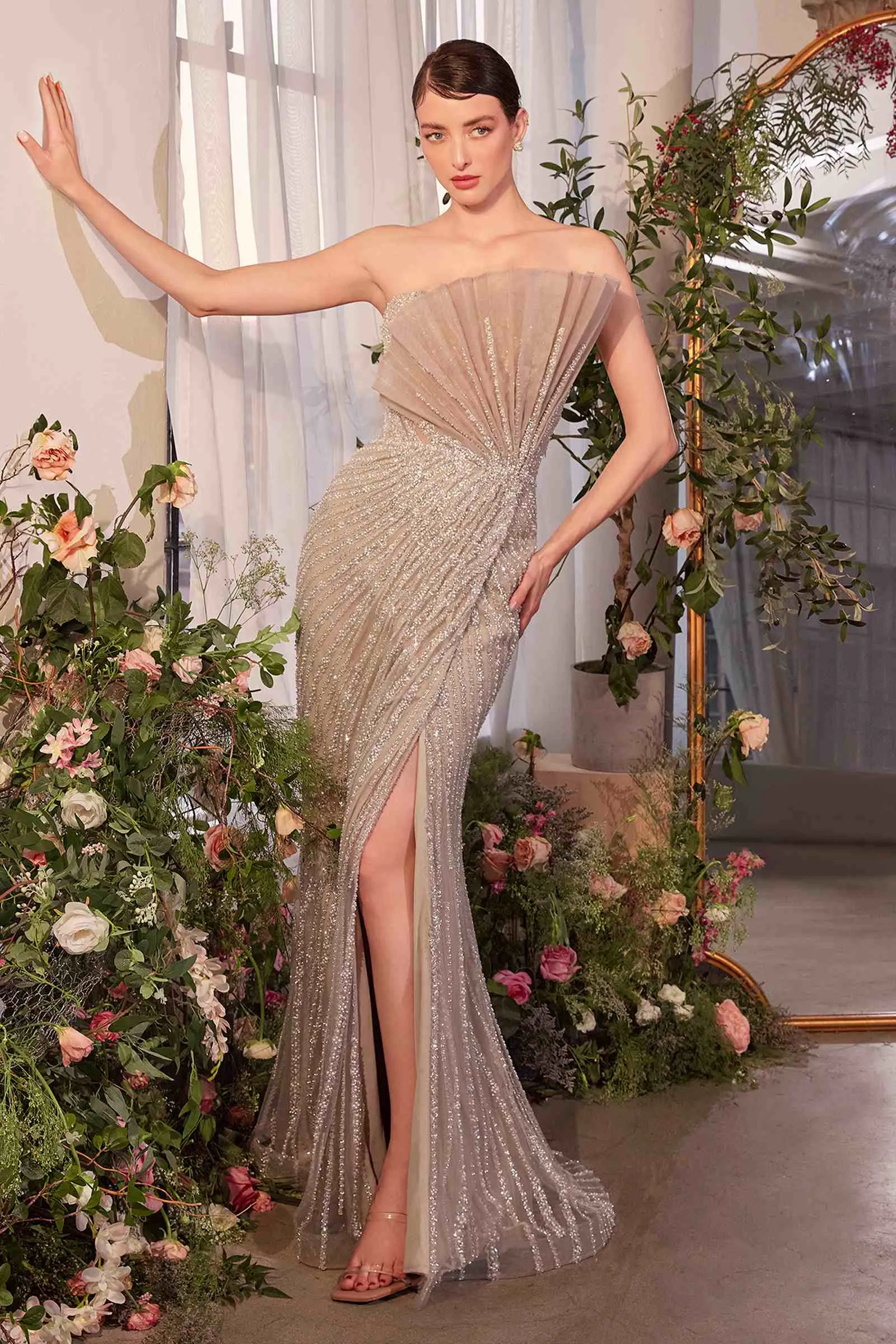 Andrea & Leo A1436 Dress Pleated Fan Bodice Fitted Pearl Gown