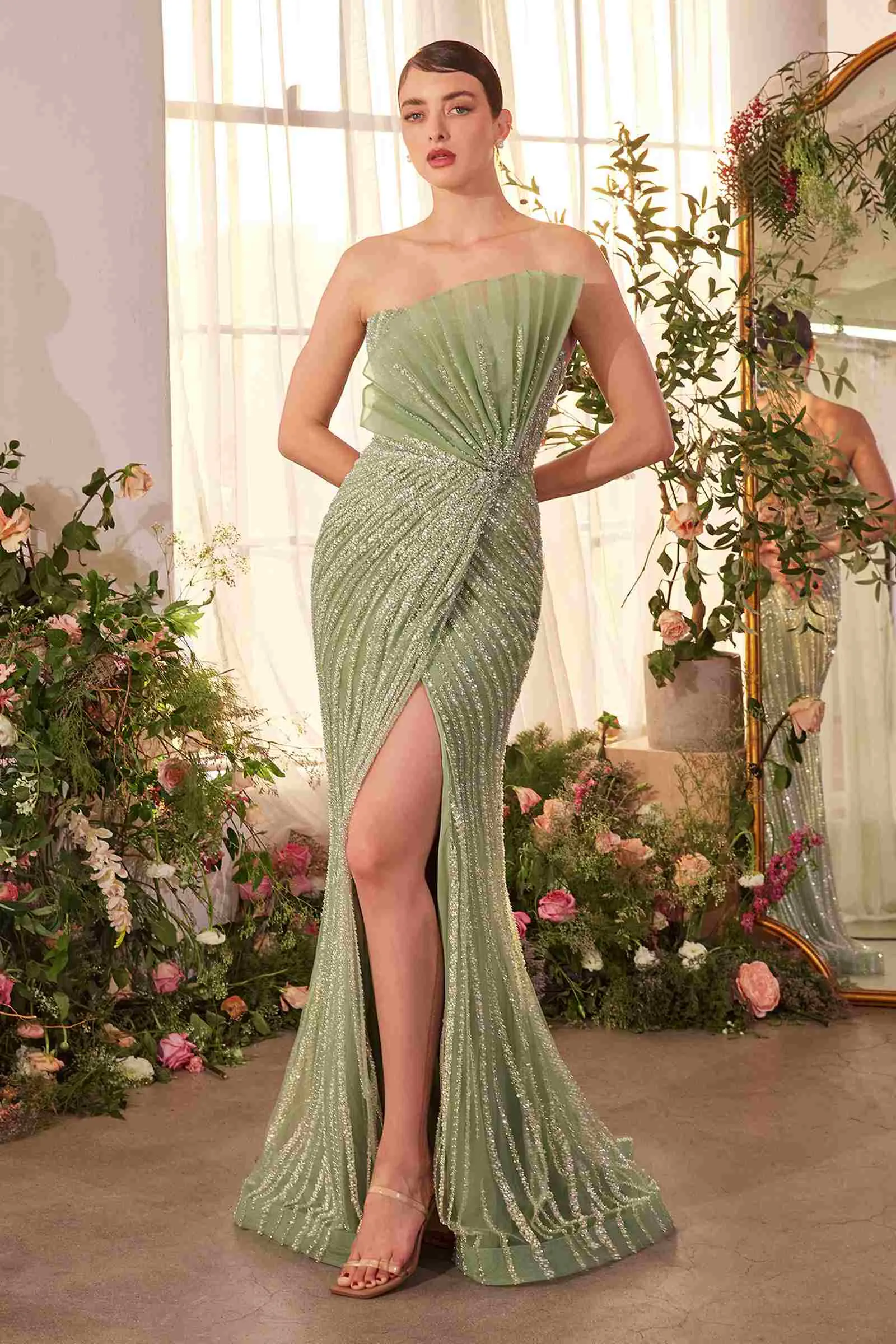 Andrea & Leo A1436 Dress Pleated Fan Bodice Fitted Pearl Gown