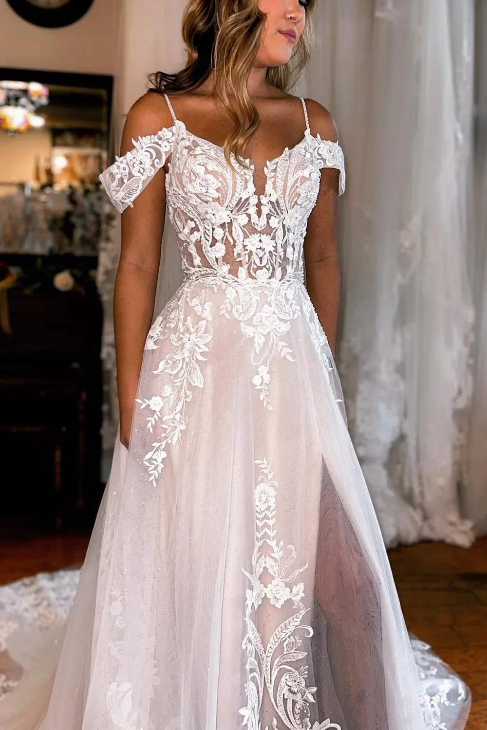 Annika | Ivory Detachable Sleeve High Slit A-Line Wedding Dress with Appliques