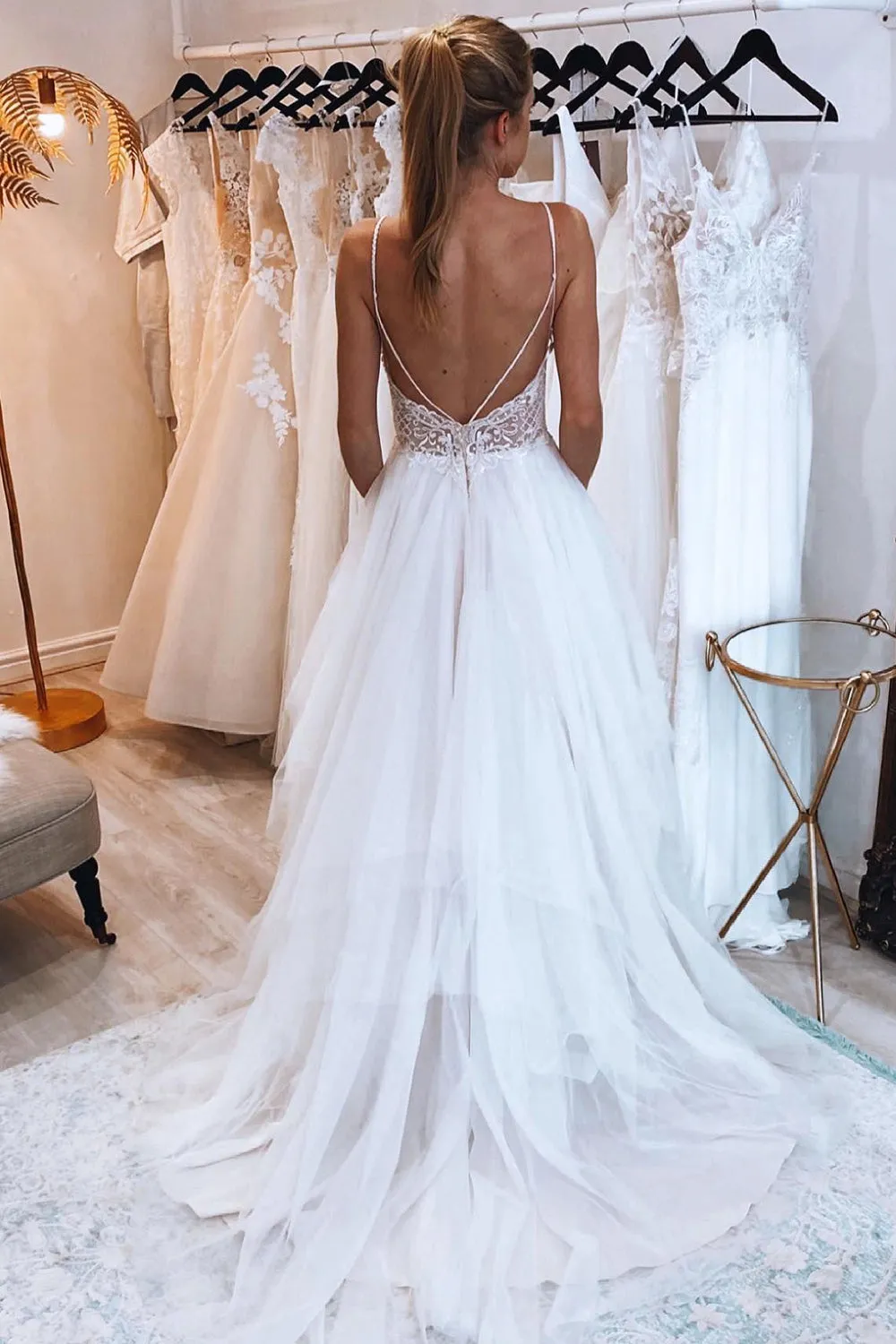 Ashlynn | Ivory A-Line Backless Tulle Long Wedding Dress with Appliques