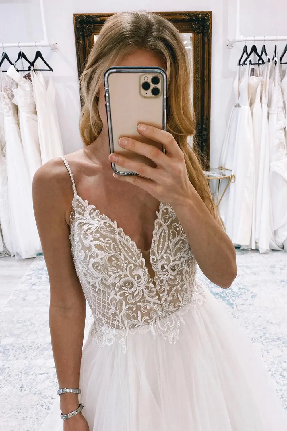 Ashlynn | Ivory A-Line Backless Tulle Long Wedding Dress with Appliques