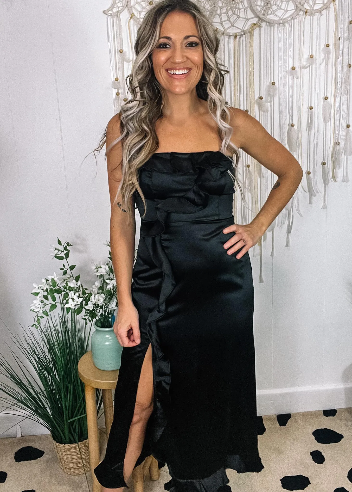 Audrey Black Satin Ruffle Midi Dress