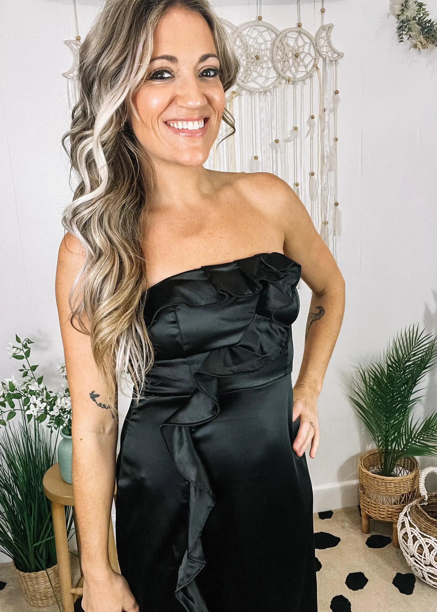 Audrey Black Satin Ruffle Midi Dress