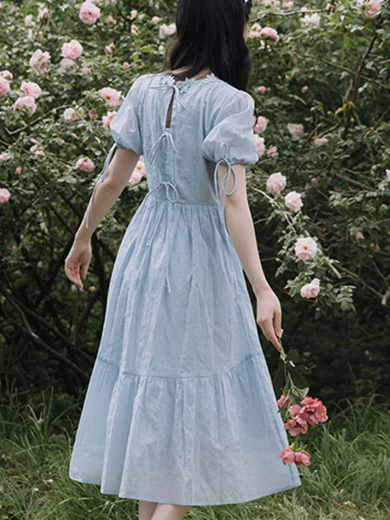 Baby Blue Puffed Sleeves Back Bow 1950S Dress