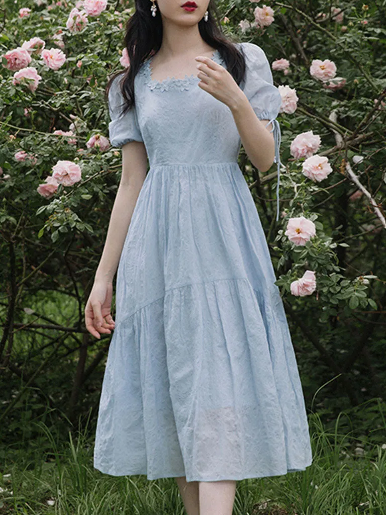 Baby Blue Puffed Sleeves Back Bow 1950S Dress
