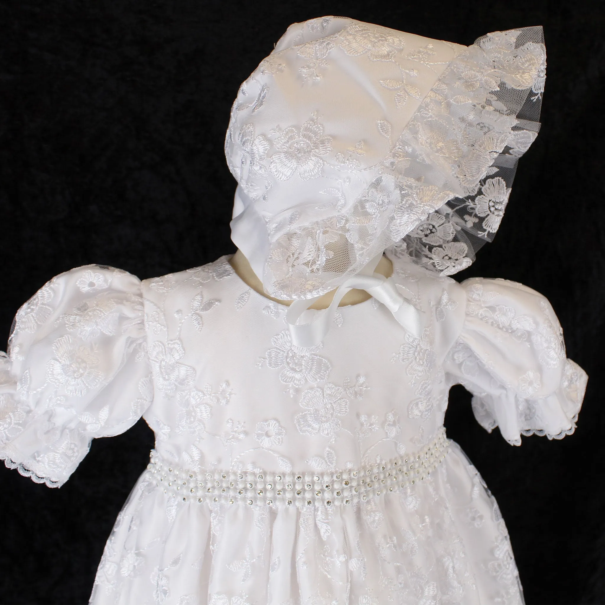Baby Girls White Long Christening Gown Baptism Dress with Bonnet