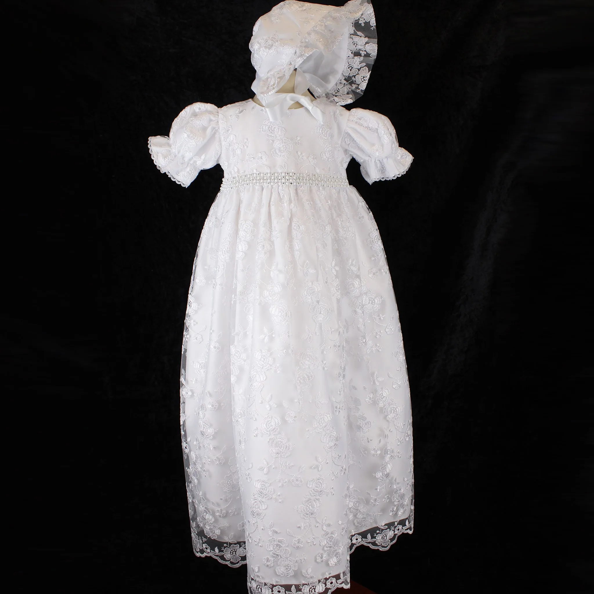 Baby Girls White Long Christening Gown Baptism Dress with Bonnet
