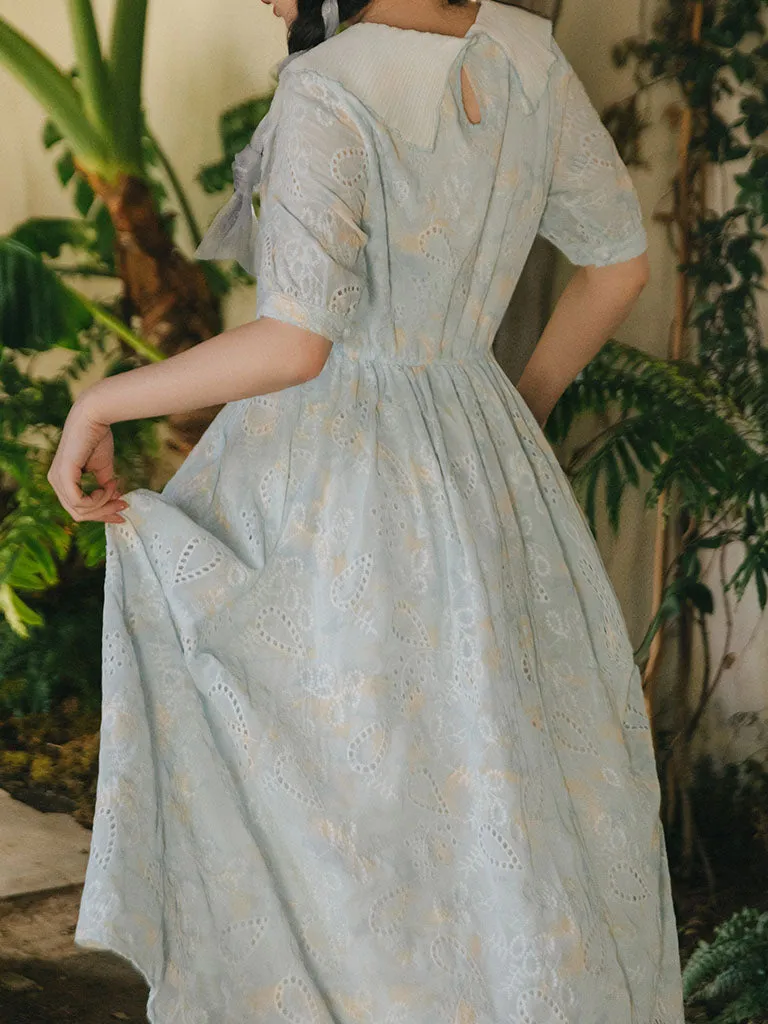Baby Green Bow Butterfly Collar Puffed Sleeves Embroidered 50S Dress