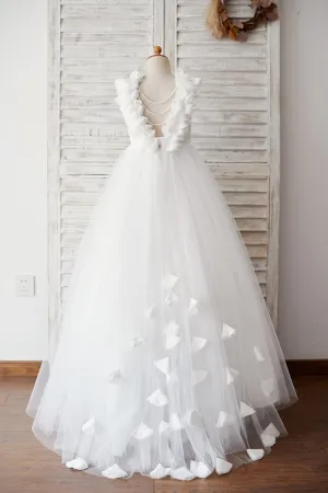 Backless Ivory Lace Tulle Wedding Flower Girl Dress, Pearls