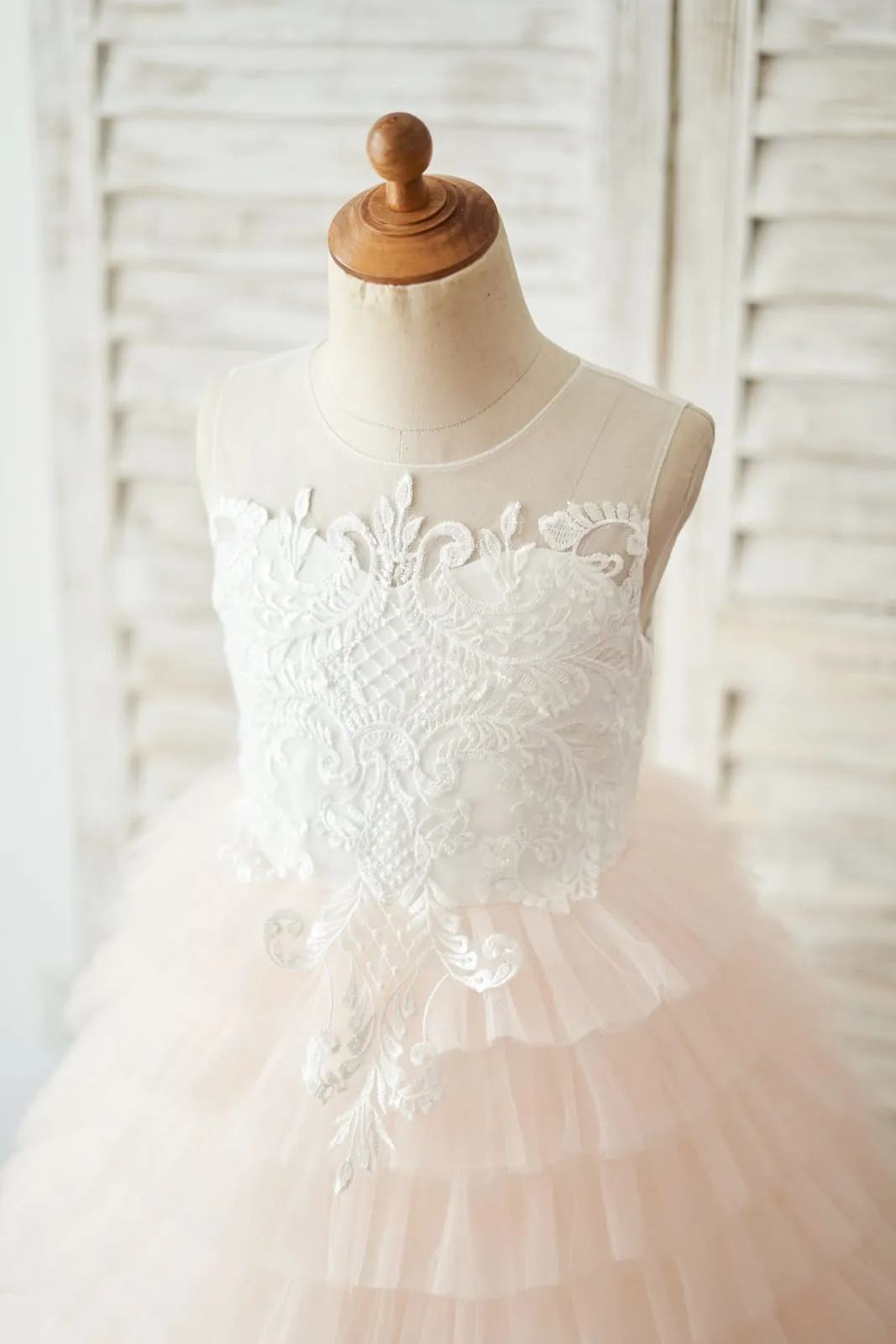 Ball Gown Ivory Lace Peach Cupcake Tulle Keyhole Back Wedding Flower Girl Dress