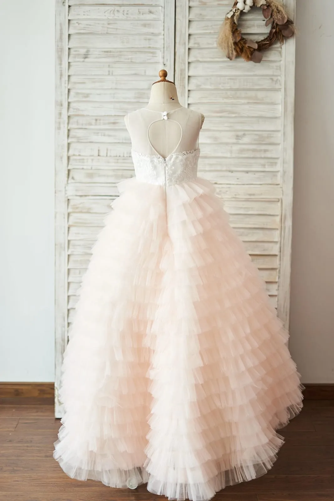 Ball Gown Ivory Lace Peach Cupcake Tulle Keyhole Back Wedding Flower Girl Dress
