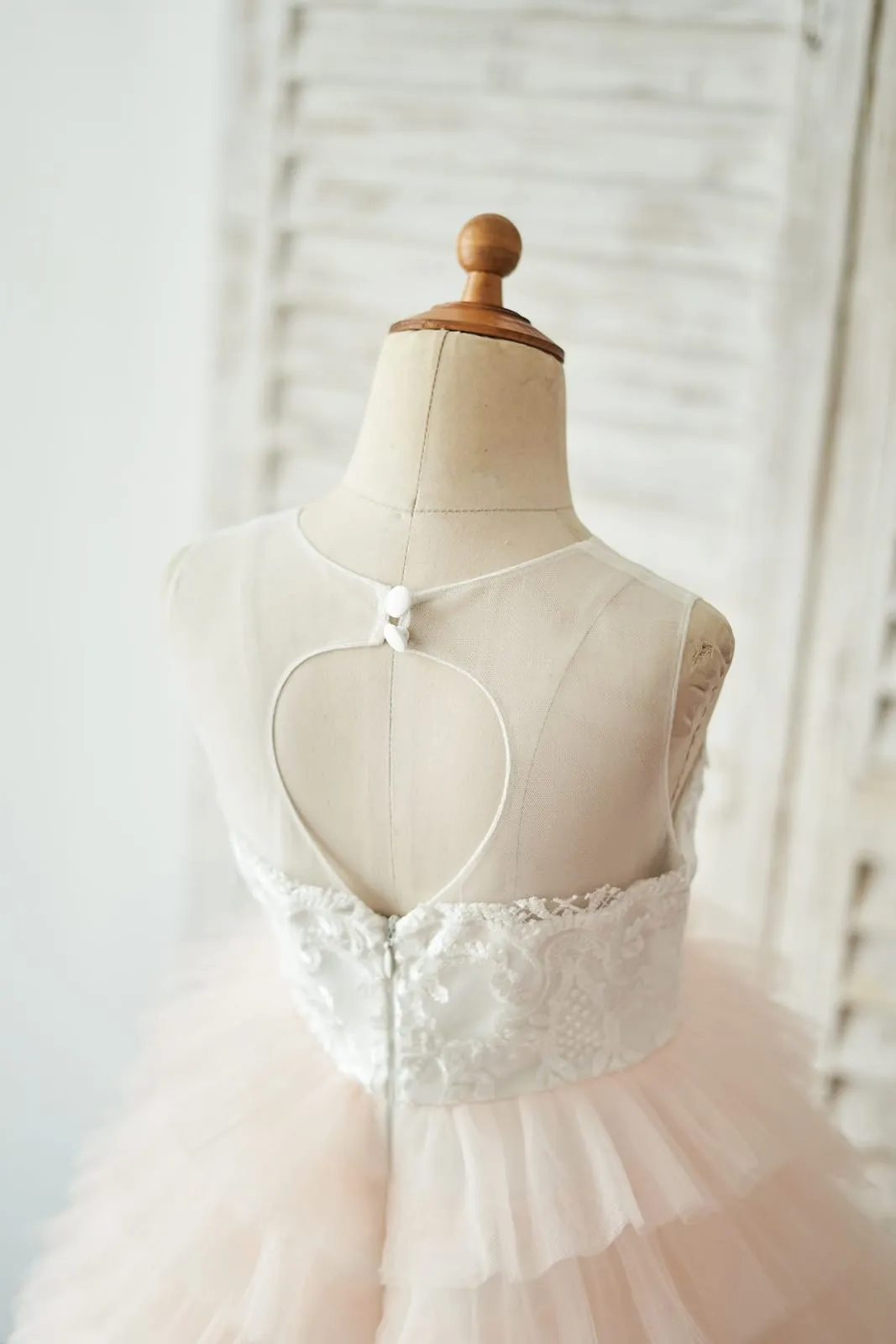 Ball Gown Ivory Lace Peach Cupcake Tulle Keyhole Back Wedding Flower Girl Dress