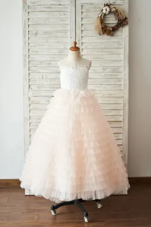 Ball Gown Ivory Lace Peach Cupcake Tulle Keyhole Back Wedding Flower Girl Dress