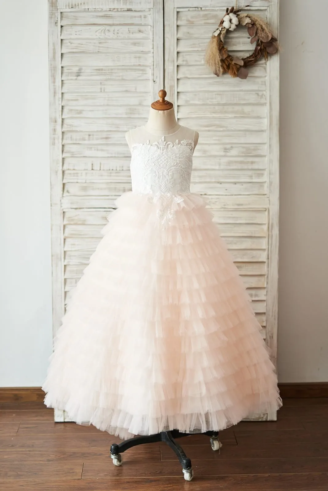 Ball Gown Ivory Lace Peach Cupcake Tulle Keyhole Back Wedding Flower Girl Dress
