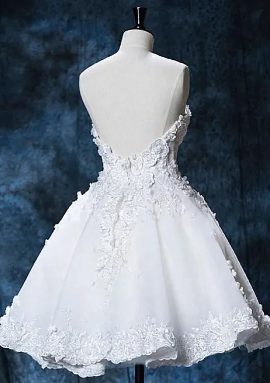 Ball Gown Ivory Satin Strapless Short Wedding Dress, Beaded Lace