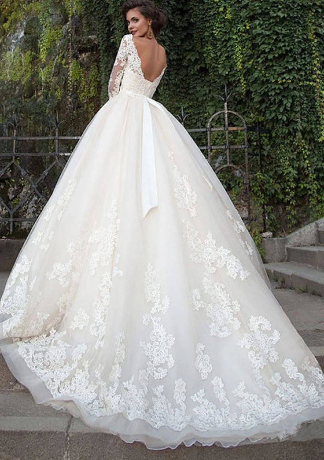 Ball Gown Off Shoulder 3/4 Sleeve Chapel Tulle Wedding Dress, Lace Sash