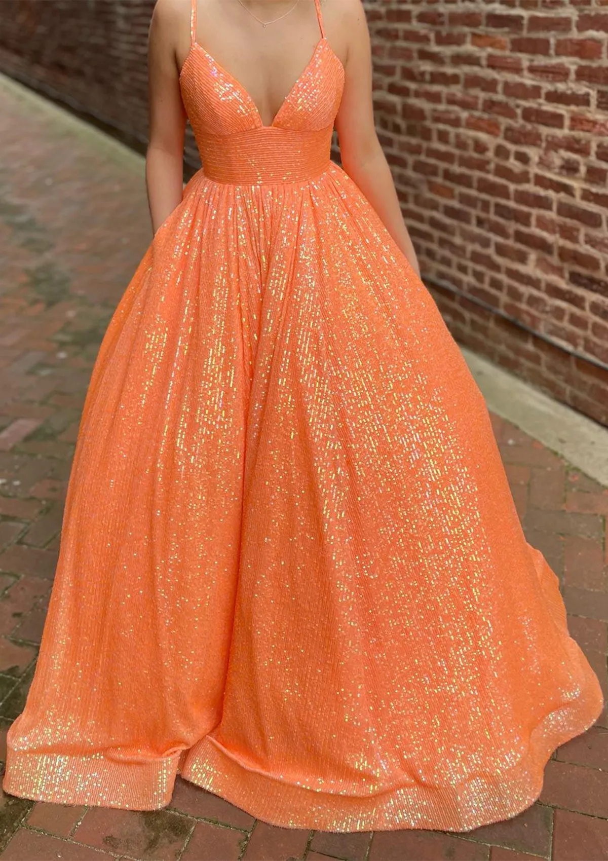 Ball Gown V Neck Sleeveless Sweep Train Orange Sequined Prom Dress, Pockets