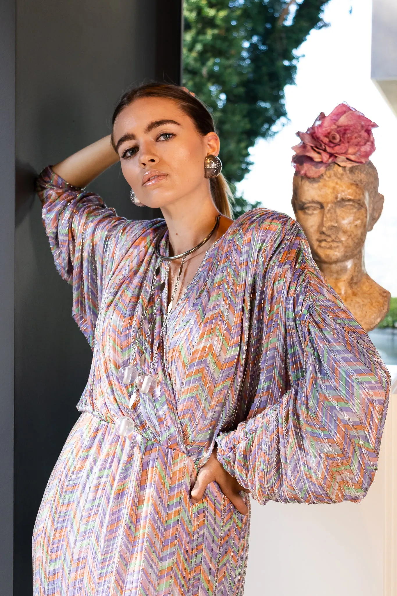 Batwing Beaded Pastel Chevron Gown