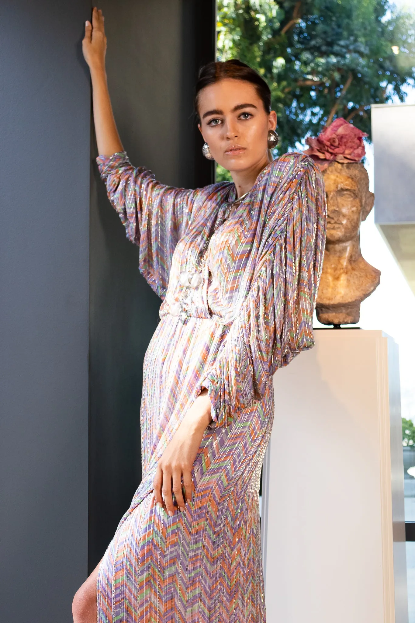 Batwing Beaded Pastel Chevron Gown