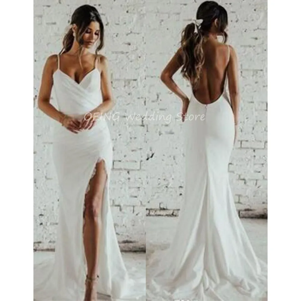 Beach Wedding Dress Mermaid Thigh Slit Sweep Train Lace