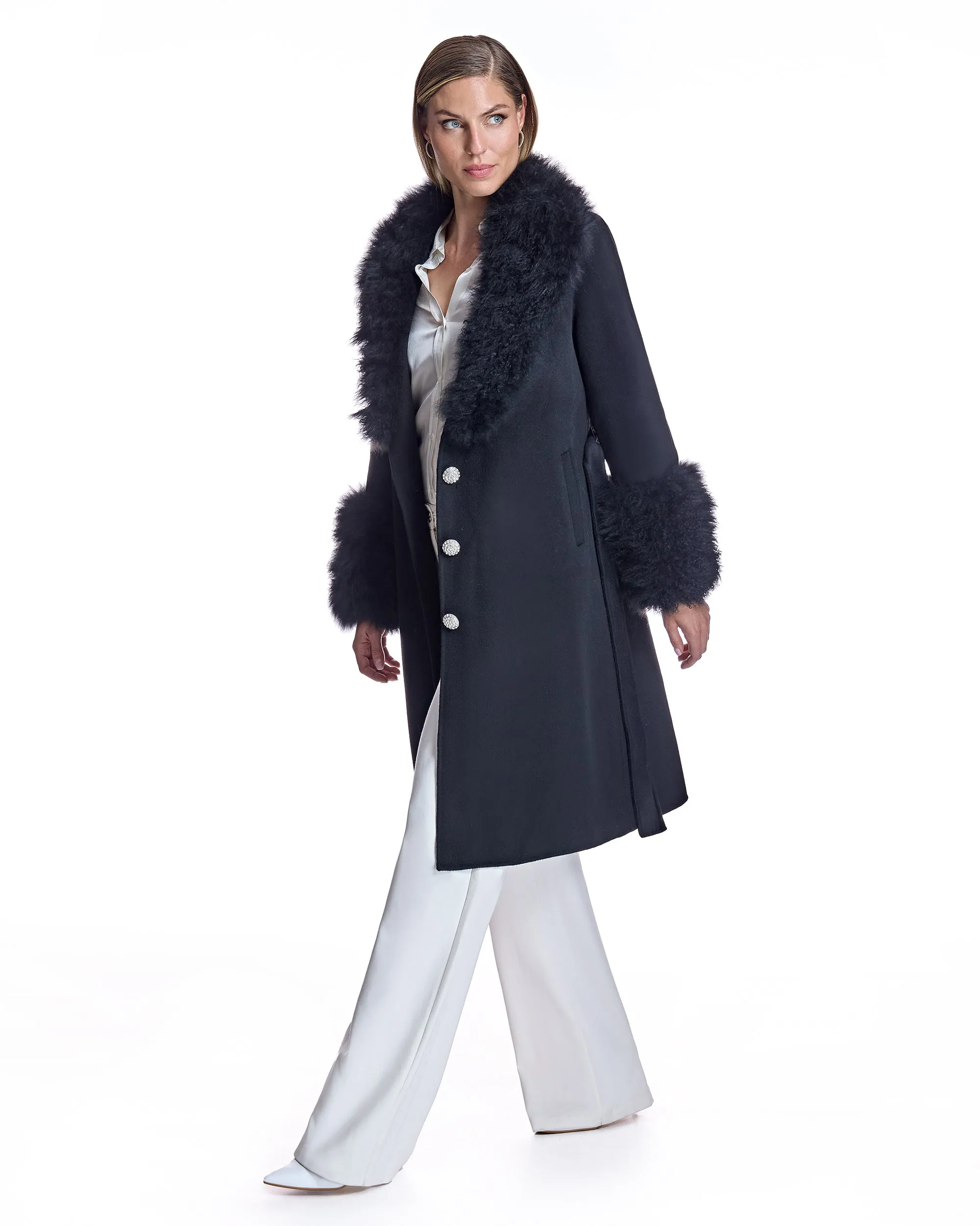 Belted Wool Coat with Cashmere Goat Trim