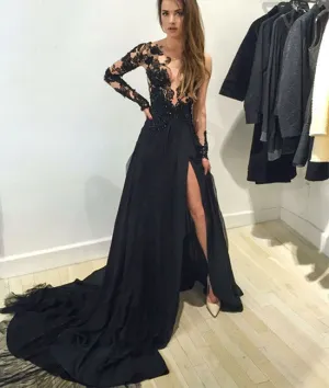 Black A-line long Sleeve With Train Prom Dress, Black Evening Dress