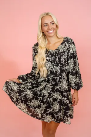 Black & Cream Floral Ruffle V Neck Dress