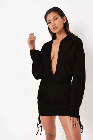 Black Deep Neck Drape Front Mini Dress