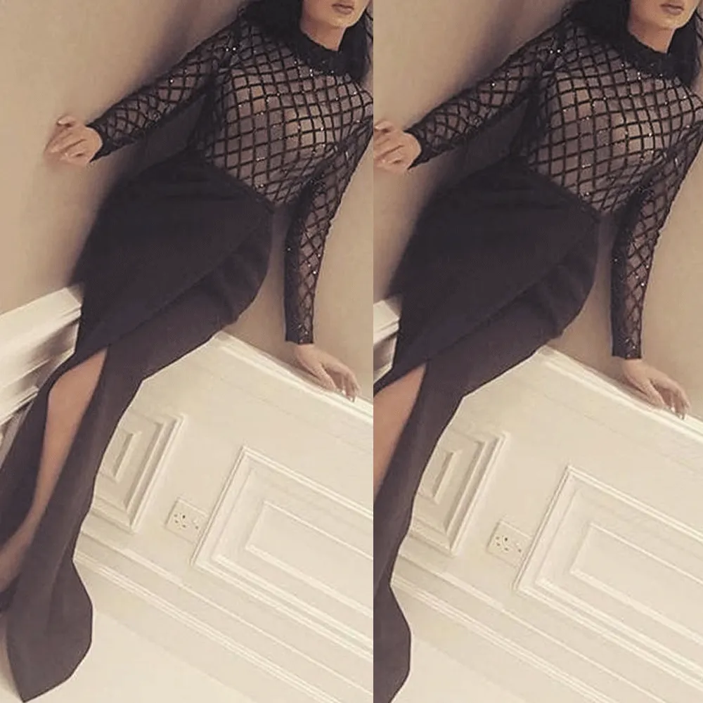 black evening dresses long sleeve mermaid high neck lace sparkly elegant arabic evening gown robe de soiree