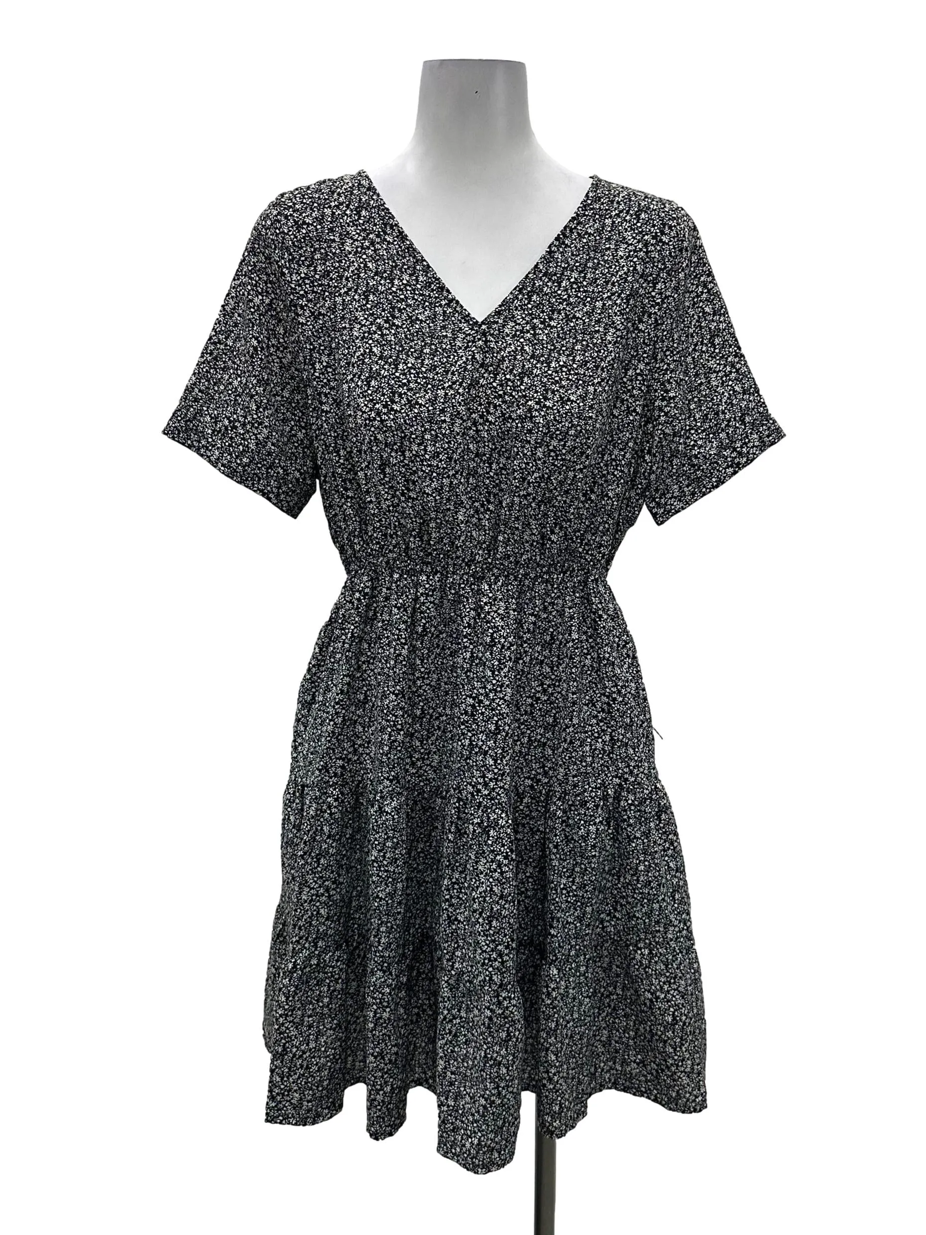 Black Floral V Tiered Dress