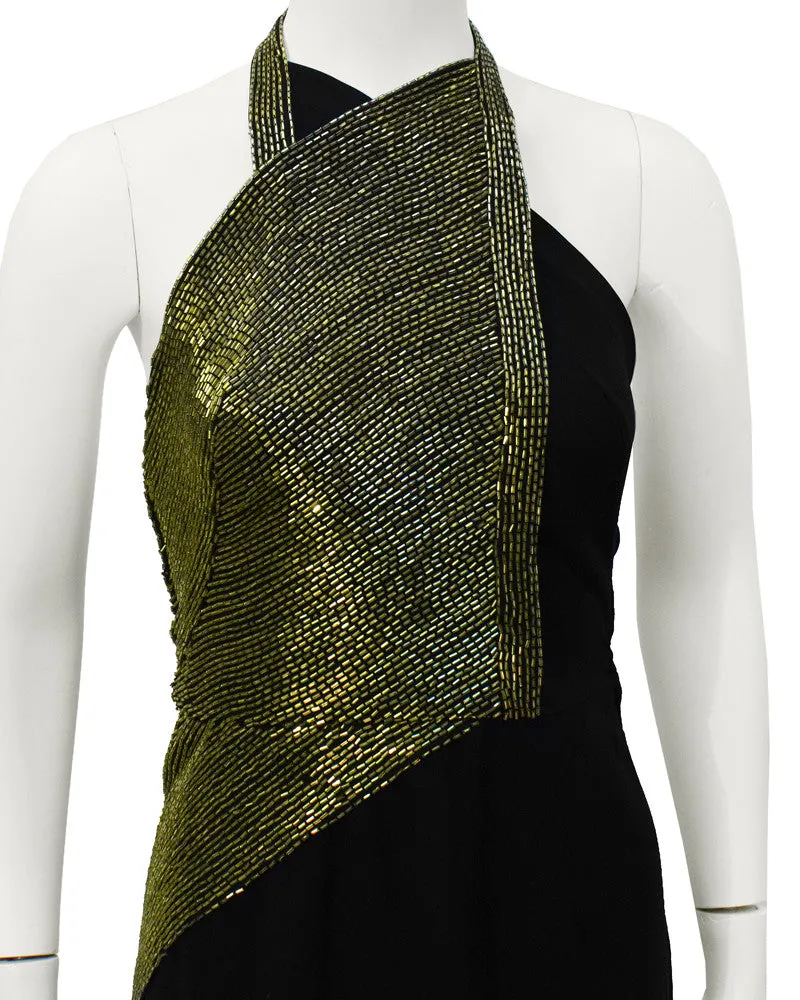 Black Halter Gown with Gold Beading