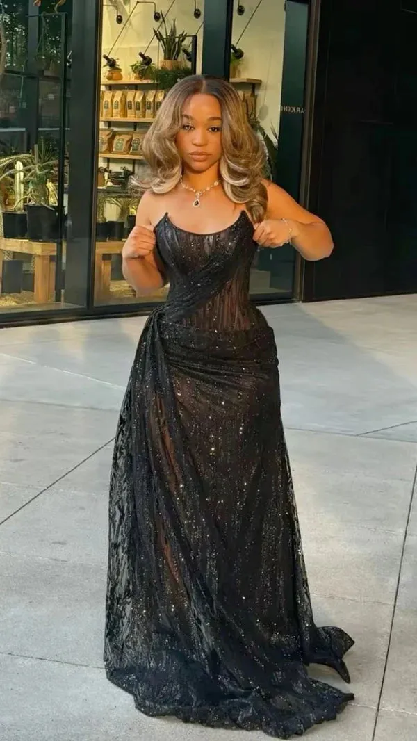 Black long prom dress with Slit ,strapless evening dress        fg6766