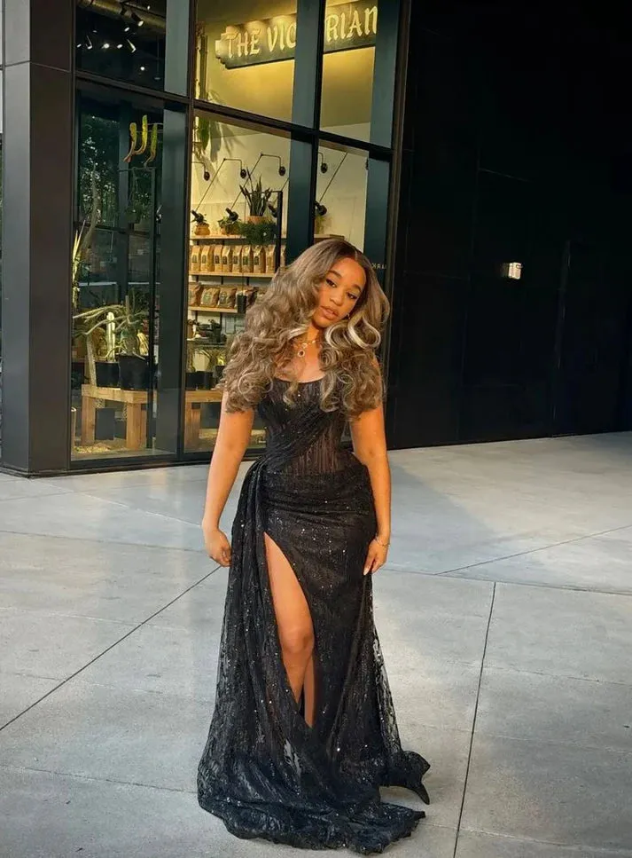 Black long prom dress with Slit ,strapless evening dress        fg6766