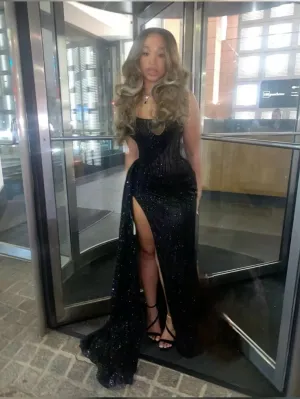 Black long prom dress with Slit ,strapless evening dress        fg6766