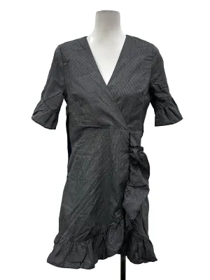 Black Pinstripe Ruffles Wrap Dress