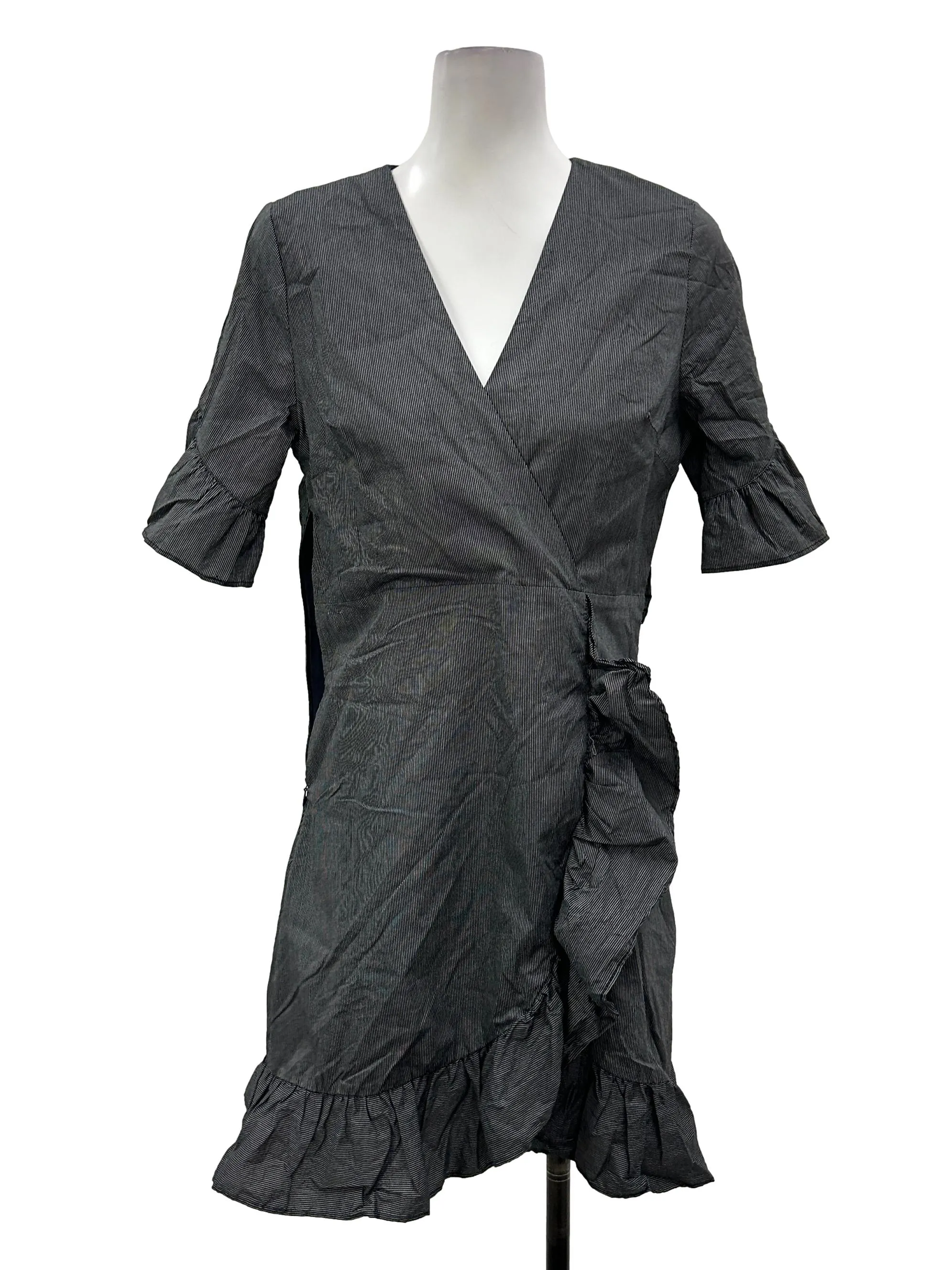 Black Pinstripe Ruffles Wrap Dress