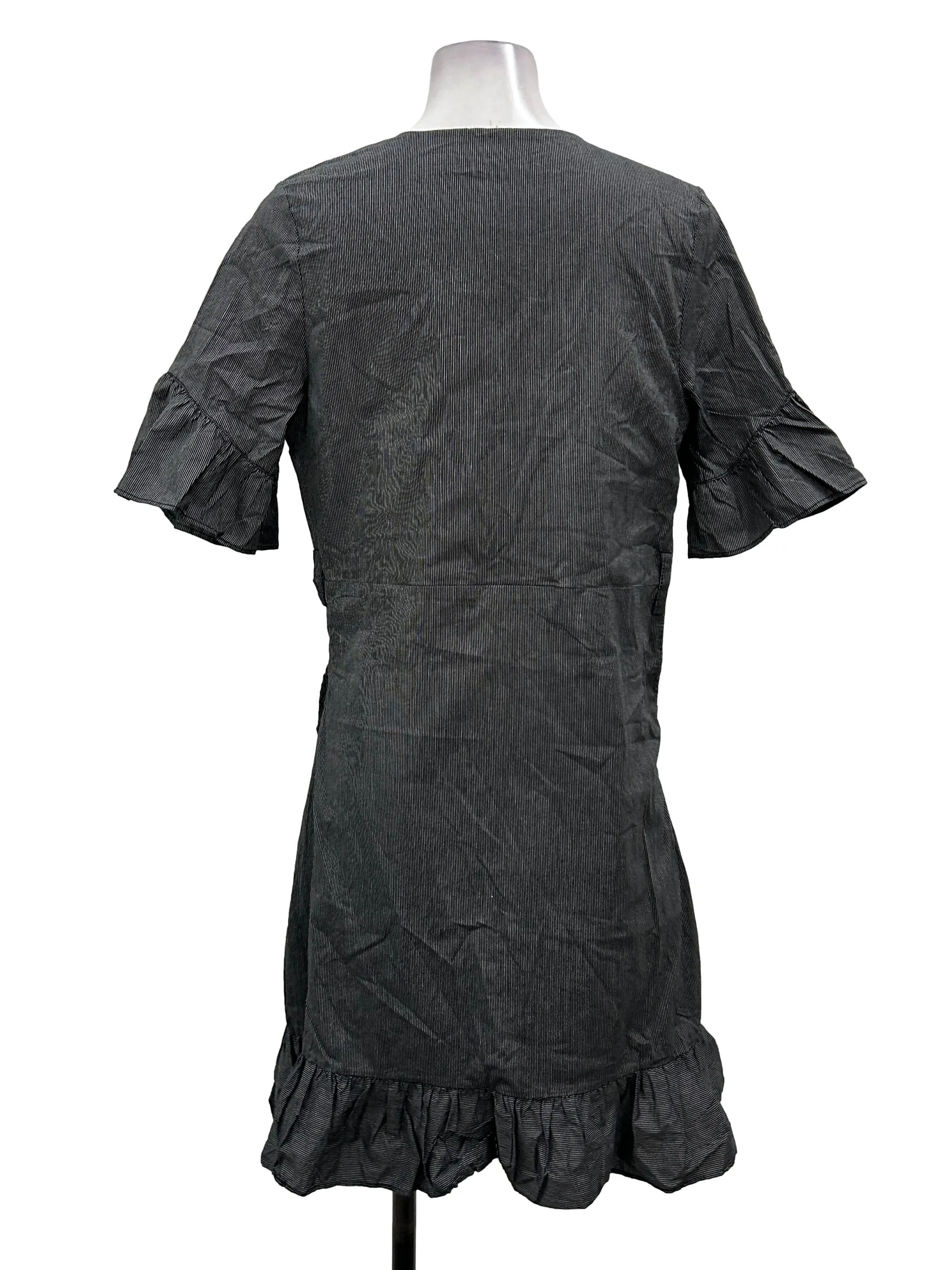 Black Pinstripe Ruffles Wrap Dress